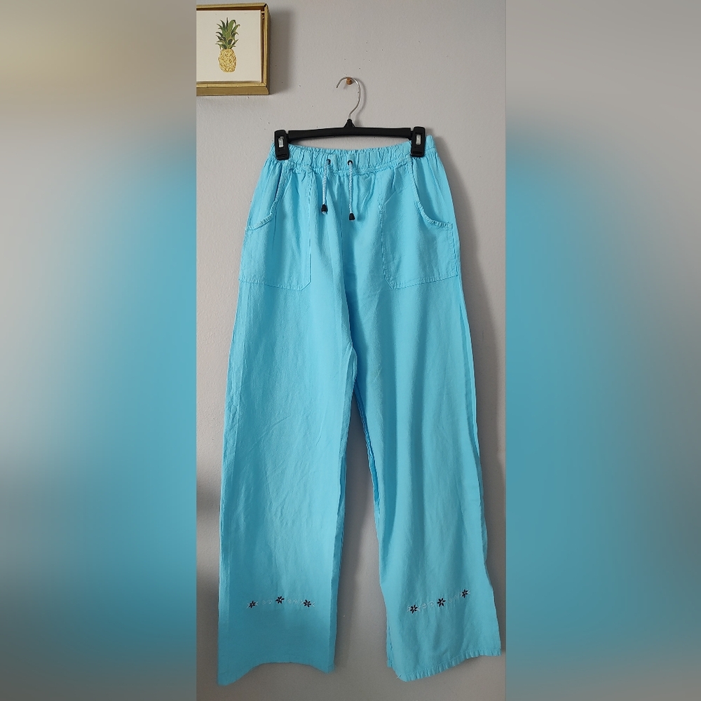 Pants Women Milagros Color Blue Size 32 Elastic Waist Embroidery Super Comforta.